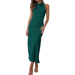 Satin High Neck Backless Sleeveless Midi Dresse, SIZE MEDIUM, 5D-139D007